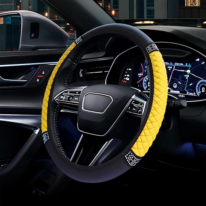 Bling Soft Leather Steering Wheel Cover, 15" Anti-Slip Sparkly Crystal Auto Elastic Steering Wheel Protector for Women Girl, Colorful Diamond Car Interior Accessory for Most Cars (Yellow)