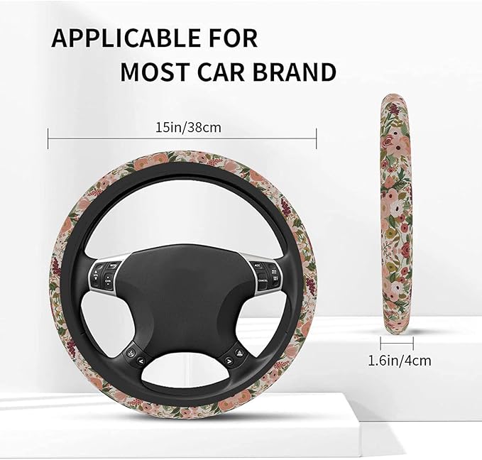 Burgundy Flowers Car Steering Wheel Cover for Women Men, Non-Slip Steering Wheel Protector, Universal 14"-15" Fit for Cars, SUVs, Trucks (Burgundy Flowers)