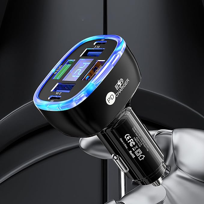 6-in-1 Multi-Function Car Charger with LED Digital Display, PD 3.1A & QC3.0 Super Fast Charging, Fire-Proof PC Body, Multi-Port USB/Type-C Car Adapter for iPhone Android Tablets Cars