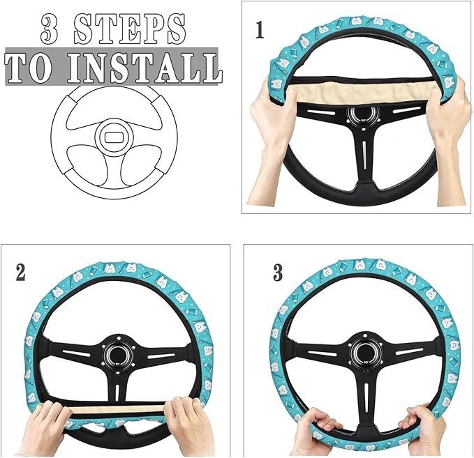 FeHuew Cute Teeth Blue Pattern Steering Wheel Cover for Women, Girls 15 inch Universal Auto Car Anti Slip Wrap Steering Wheel Covers Fit for Vehicles, Truck, SUV