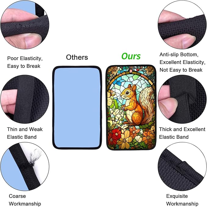 JANENFNA Car Armrest Cover Pads Universal Fashion Cute Auto Center Console Armrest Cover Pad with 2PCS Car Coasters Soft Waterproof Car Armrest Seat Protector for Women,Stained Glass Squirrel