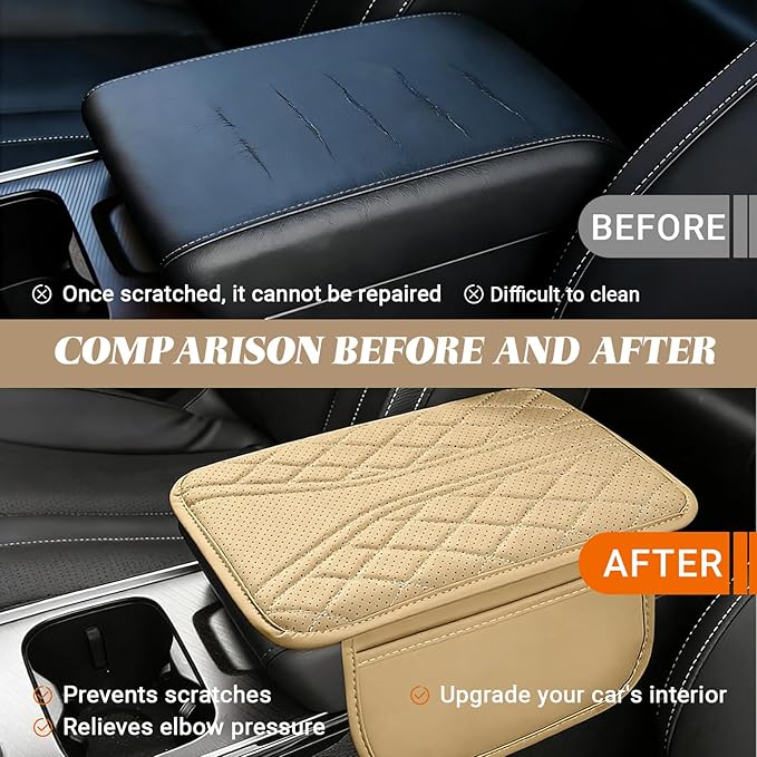 KoiLuvGo Upgraded Car Center Console Cover, Leather Auto Armrest Cover with 2 Storage Bags, Waterproof Center Console Protective Pad, Universal Cars Armrest Storage Box for Sedan, SUV, Truck (Beige)