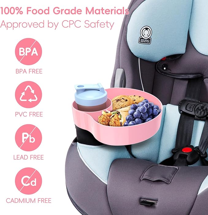 2PCS Resptasski Car Seat Cup Holder Snack Tray for Kids – Travel Tray for Car, Booster, Stroller, Outdoor Essentials Kit. Universal Adjustable Tray with Detachable Base for Snacks, Toys, Food (Pink)