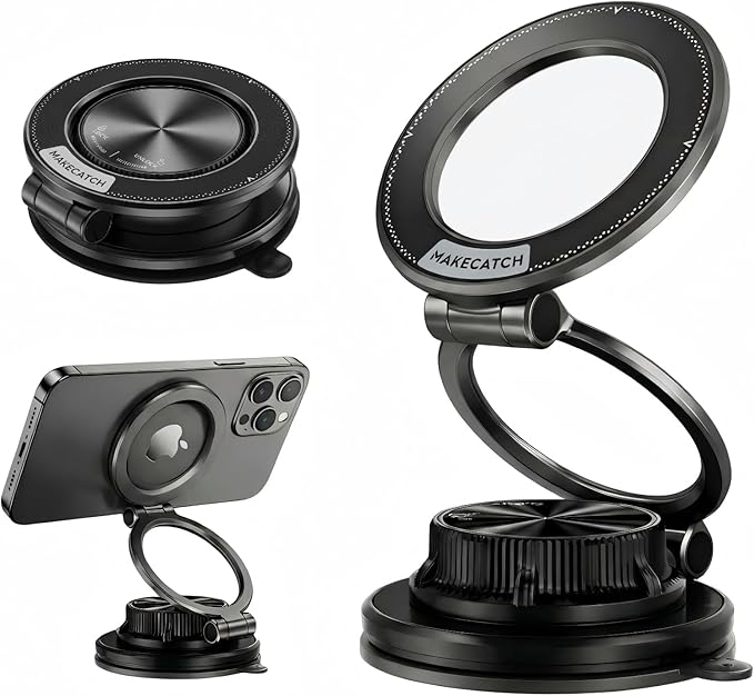 makecatch Vacuum Magnetic Car Phone Mount, 120+LB N55 Magnet (3000gf) Dashboard & Windshield Holder with Ultra-Stable Suction Cup, Foldable 0.83in Compact Car Mount for iPhone Samsung –Black