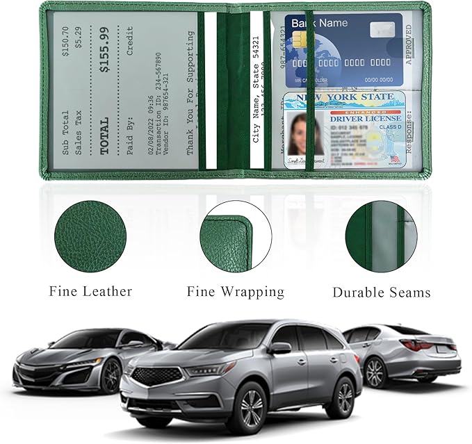 Car Registration and Insurance Holder, 5.51" × 5.11" Premium Leather Vehicle Glove Box Organizer with Magnetic Closure, Auto Document Holder for Cards Paperwork and Drive License (Dark Green)