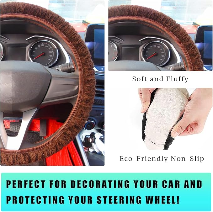 Ziciner Elastic Fuzzy Steering Wheel Cover, 15'' Soft Steering Wheel Protector for Warm Winter, Anti-Slip Fluffy Car Wheel Covers, Universal Car Interior Decor Accessories for Women Men (Coffee)