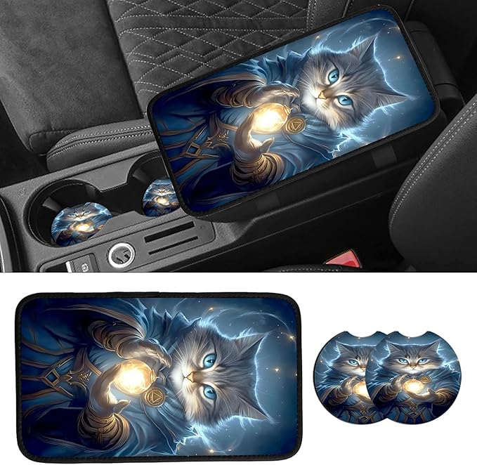 JANENFNA Car Armrest Cover Pads Universal Fashion Cute Auto Center Console Armrest Cover Pad with 2PCS Car Coasters Soft Waterproof Car Armrest Seat Protector for Women,Magic Blue Cat