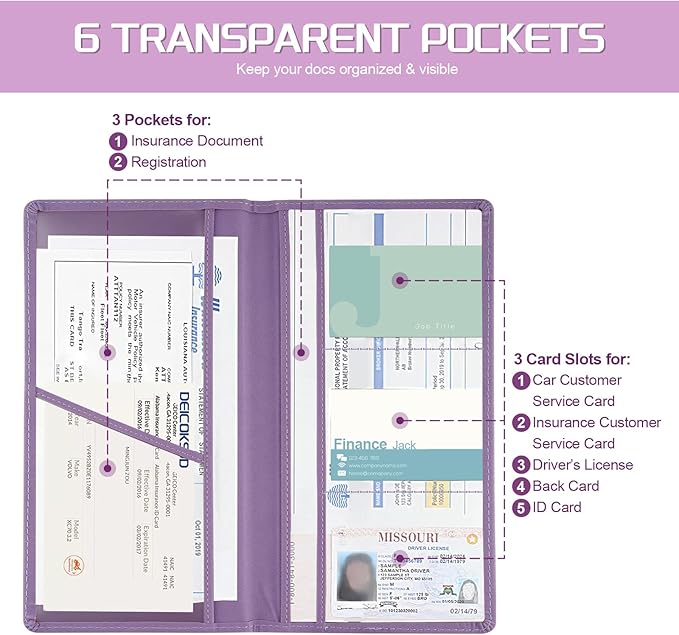 JUSTTOP 2Pack Car Registration and Insurance Holder,Car Document Holder for Cards License with Magnetic Shut,Vehicle Glove Box Car Organizer for Documents, Cards, License(Purple)