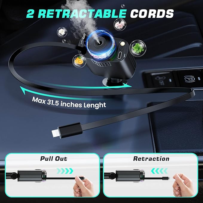 Retractable Car Charger with Aromatherapy and Starlight, 5 in 1 USB C Car Charger for iPhone 16 15 14 13 12 11, Fast Charging Compatible with iPhone Android (Black)