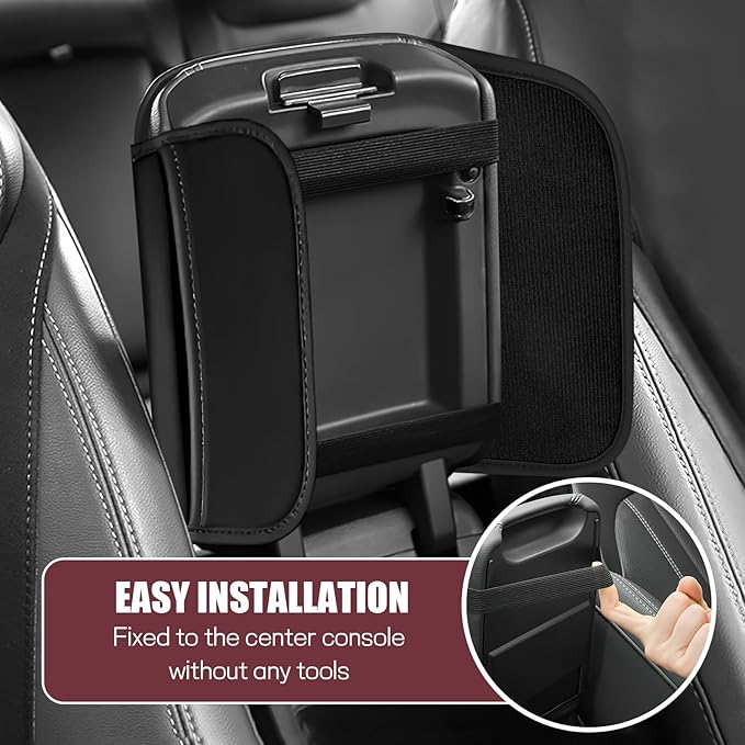 wuyaoyao Car Center Console Cover, Leather Memory Foam Armrest Cover Cushion with 2 Storage Bags, Universal Car Armrest Seat Box Pad Car Interior Accessories Protector for Most Vehicle (Black)