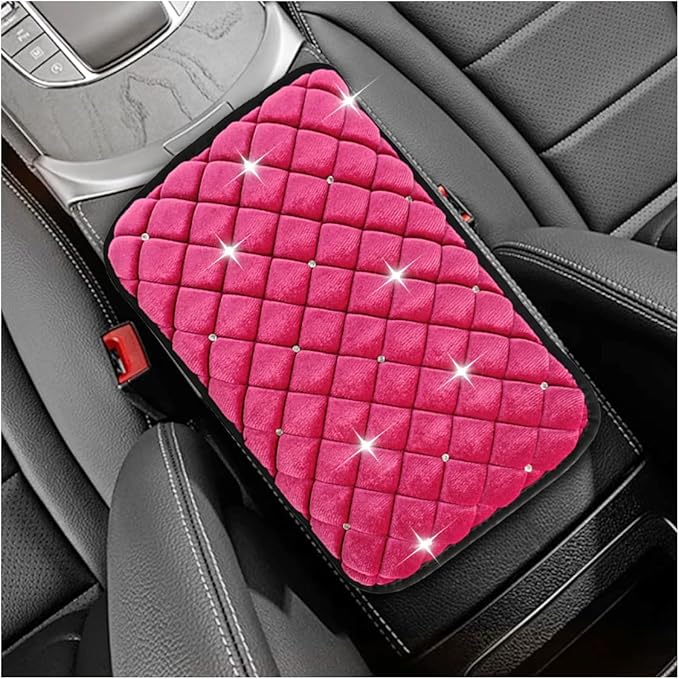 Bling Car Center Console Cover, Soft Comfortable Fluffy Car Armrest Cover, Crystal Rhinestone Seat Box Cushion Protector, Automotive Interior Decoration Accessories for Most Vehicles (Rose Red)