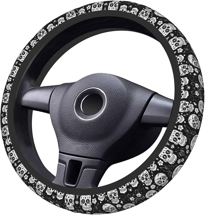 Skull Floral Flower Pattern Car Steering Wheel Cover, 15 Inch Steering Wheel Cover Stylish Decor for Most Cars