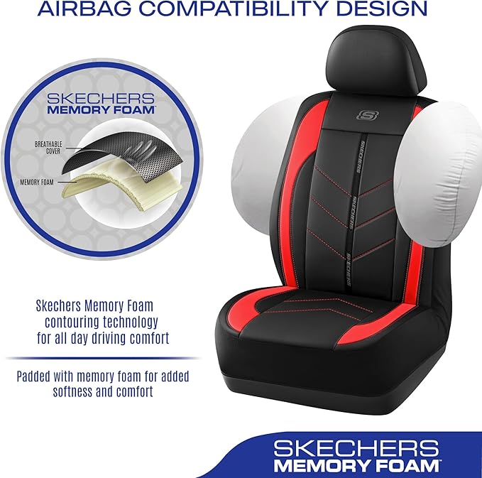 Skechers Car Seat Covers,Luxury Faux Leather Seat Covers,Waterproof Anti Slip Car Seat Protector Front Seats,Car Accessories Airbag Universal Fit for Most Cars,Vans,Trucks,SUV,Red