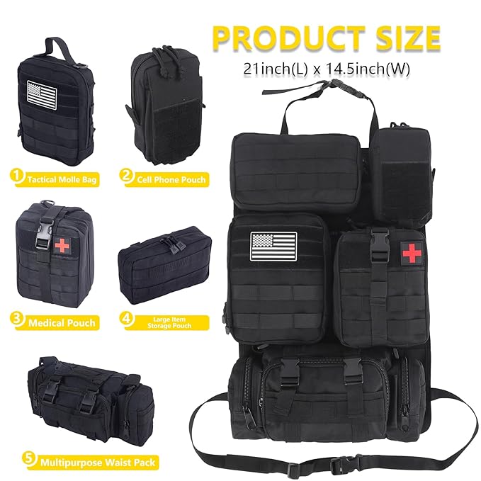 Universal Tactical Car Seat Back Organizer Bag Tactical Molle Vehicle Organizers Panel Gear Accessories with 5 Different Size Molle Pouches for Car Truck Ford Jeep Vehicle (A style-Black)