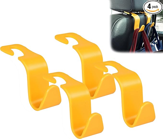 Amooca Car Seat Headrest Hook 4 Pack Hanger Universal Vehicle Car Storage Organizer for Handbag Purse Coat S Type Yellow