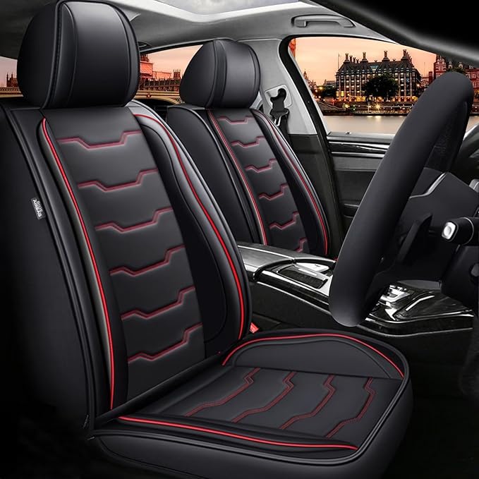DISUTOGO Seat Covers Fit for Frontier 2009-2023 2024 2025 Seat Covers Full Set Car Seat Covers Faux Leather Breathable Waterproof Car Seat Protector (5 Seats, Black&Redline)