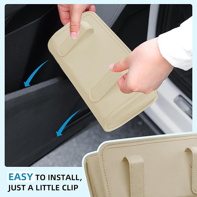 Car Trash Can, Beige Universal Leather Foldable Leakproof Garbage Bins Organizer Holder with One Roll Trash Bag, Car Seat Back Storage Box for Most Vehicles