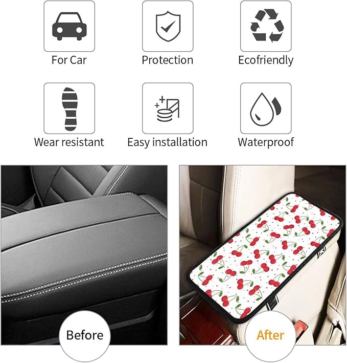 Universal Car Center Console Cushion Pad, Red Cherry Soft Waterproof Car Center Console Cover Auto Armrest Seat Box Cover Protector for Most Vehicle SUV Truck Car