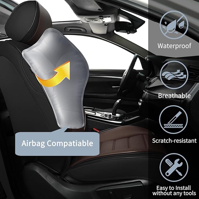 COVER EMPIRE Front Car Seat Covers, 2Pcs Universal Leather Car Seat Covers, Full Coverage Waterproof Automotive Seat Covers, Breathable Car Seat Protector for Most Trucks SUVs Sedans, Black&Brown