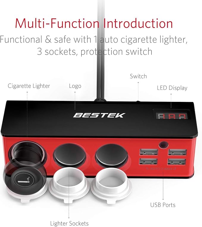 BESTEK 3-Socket Multi Port 200W Cigarette Lighter Car Power Adapter for 12V/24V DC Plug Outlet Supply 6A 4- Port Car USB Splitter Charger with Samsung Galaxy S9