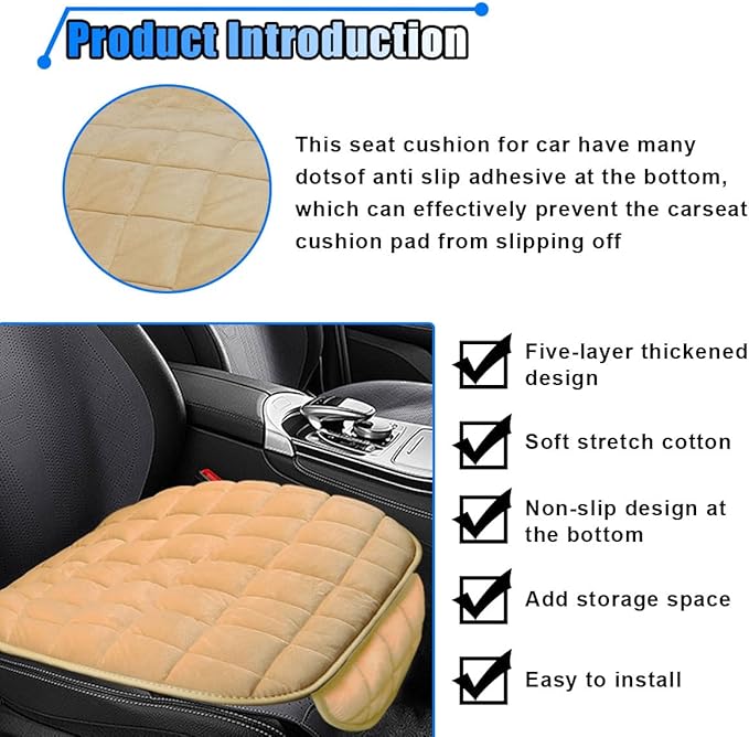 Car Seat Cushion, Soft Plush Vehicle Driver Seat Pad with Storage Pocket, Non-Slip Flat Rubber Bottom, Universal Seat Protector Cover for Truck, Car, SUV, Home, Office, Chair(Beige)