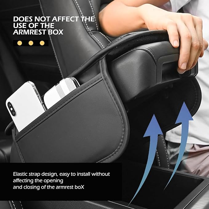 Car Center Console Cover, Leather Vehicle Armrest Protector Cushion with 2 Side Storage Bags, Auto Breathable Middle Interior Accessories, Universal for SUV, Sedan, Truck (Black)