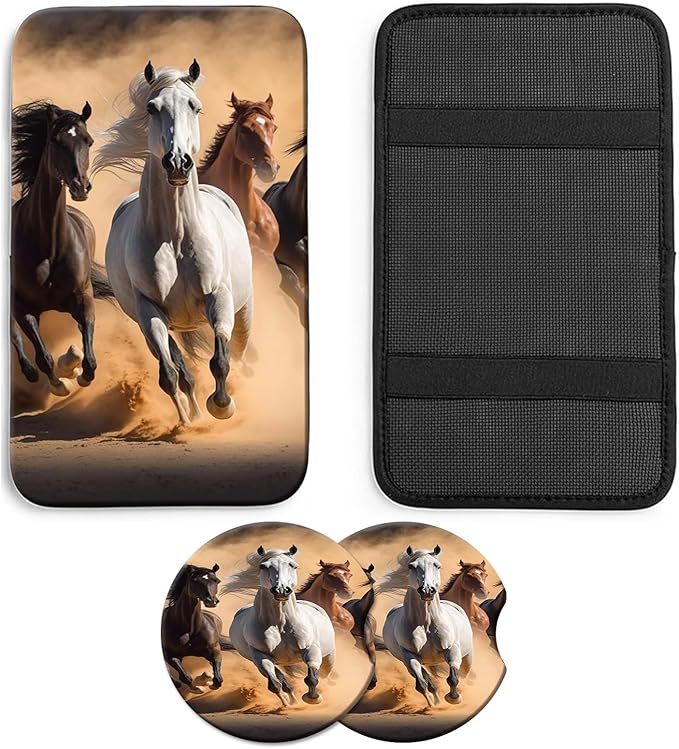 JANENFNA Car Armrest Cover Pads Universal Fashion Cute Auto Center Console Armrest Cover Pad with 2PCS Car Coasters Soft Waterproof Car Armrest Seat Protector for Women,Horses