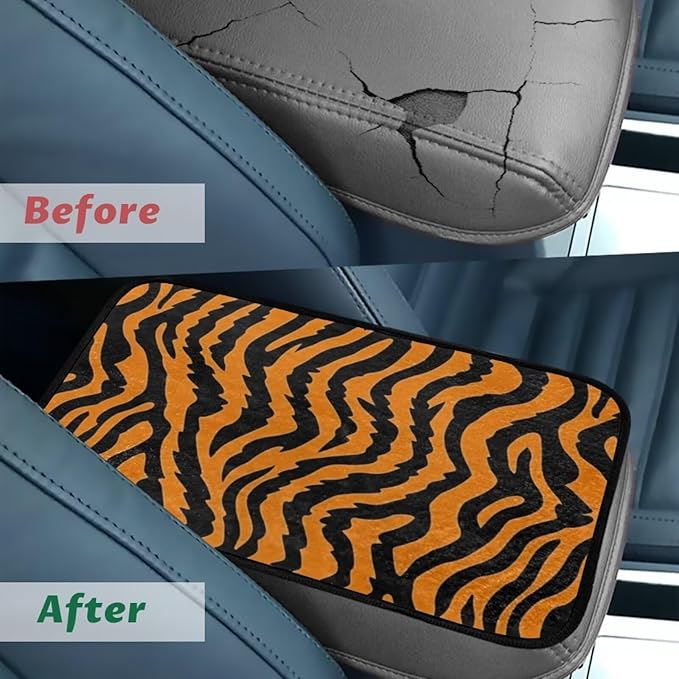 Bulopur Tiger Print Arm Rest Cover Car Flannel Center Console Cover Easy to Install Car Decor Accessories Auto Armrest Console Cover Protector for Most Vehicle, SUV, Truck, Car