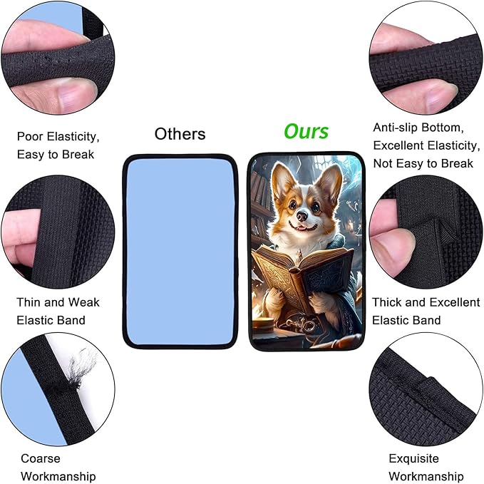 JANENFNA Car Armrest Cover Pads Universal Fashion Cute Auto Center Console Armrest Cover Pad with 2PCS Car Coasters Soft Waterproof Car Armrest Seat Protector for Women,Magical Book Puppy