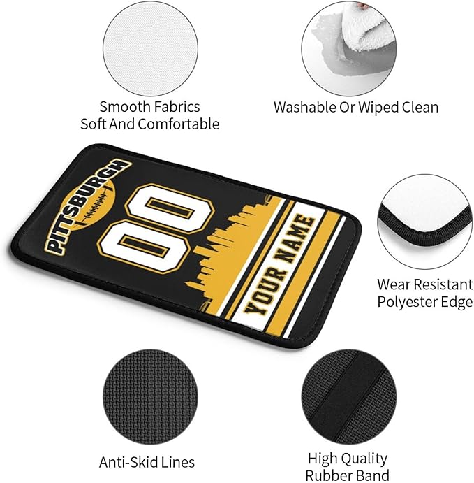 Custom Pittsburgh Car Armrest Covers Personalized Football Style with Name Number Customized Auto Center Console Pad Car Handrail Box Cushion for Most Vehicle Decor Accessories, Fans Gift