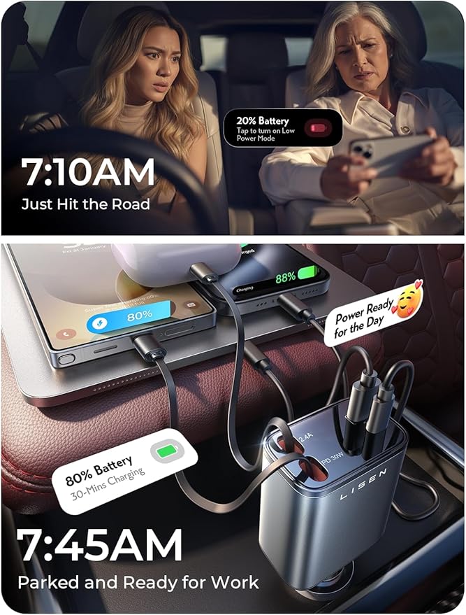LISEN Retractable Car Charger, 69W Cars Adapter USBC Fast Charger for iPhone 17 16 Pro Max, Car Accessories for Valentines Day Gifts for him Her Birthday Gifts for Men Women 2026 Tech Gadgets for Men