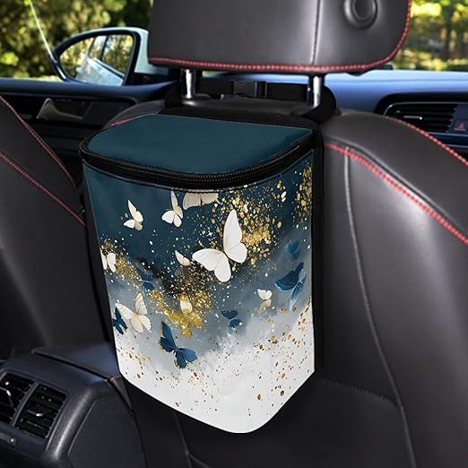 Tie Dye Butterfly Car Trash Can with Lid Cars Trash Bag Bin Hanging Waterproof Garbage Cans Leak Proof Vehicle Trash Can Multipurpose Storage Container for Back Seat