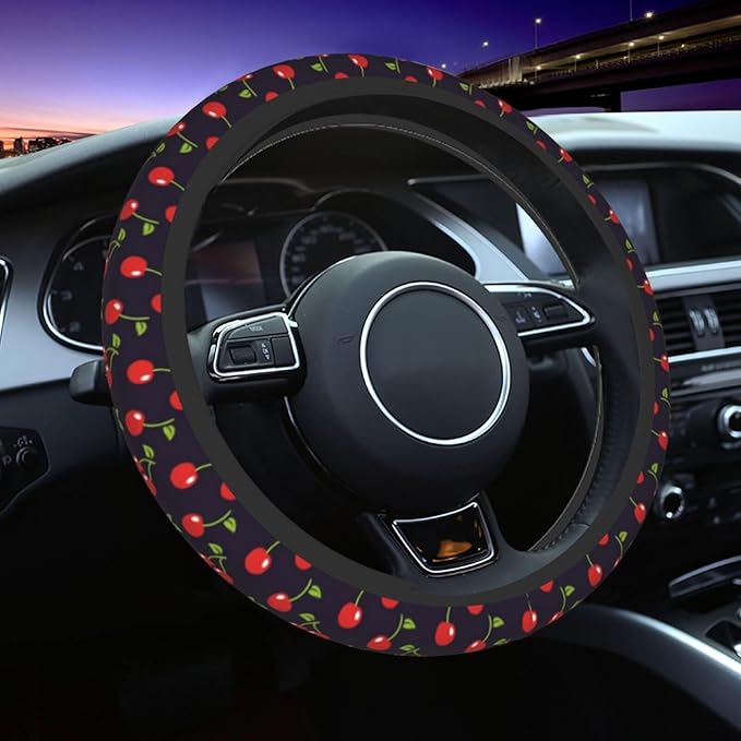 Cute Cherry Steering Wheel Cover for Women Men with 2 Pcs Car Coasters, 15 Inches Neoprene Anti-Slip Cute Universal Red Car Accessories Protective Cover for Vehicle
