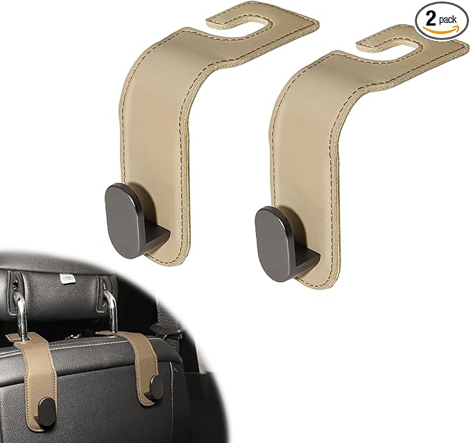 Car Headrest Hook, 2 Pack Car Seat Hooks, PU Leather & Stainless Steel Car Seat Organizer for Purses & Bags, Supports Up to 44 lbs Black