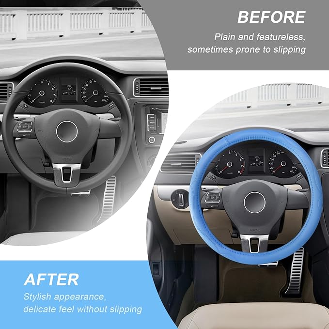15 Inch Leather Steering Wheel Cover, Breathable Anti-Slip Steering Wheel Protector Cover, Elastic Soft Comfortable Universal Wheel Cover for Men and Women, Car Accessories (Blue)
