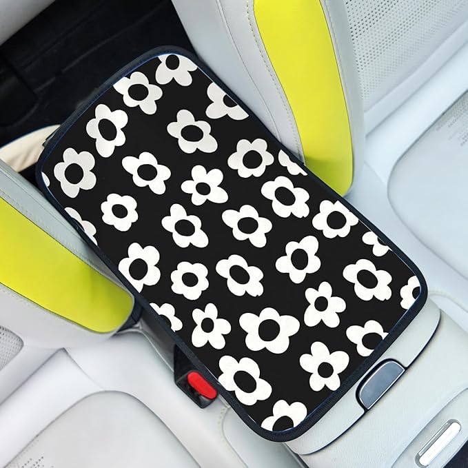 Adastrah Car Center Console Cover,White Flowers Auto Center Console Pad,Armrest Cover Protector for Vehicle SUV Truck Car