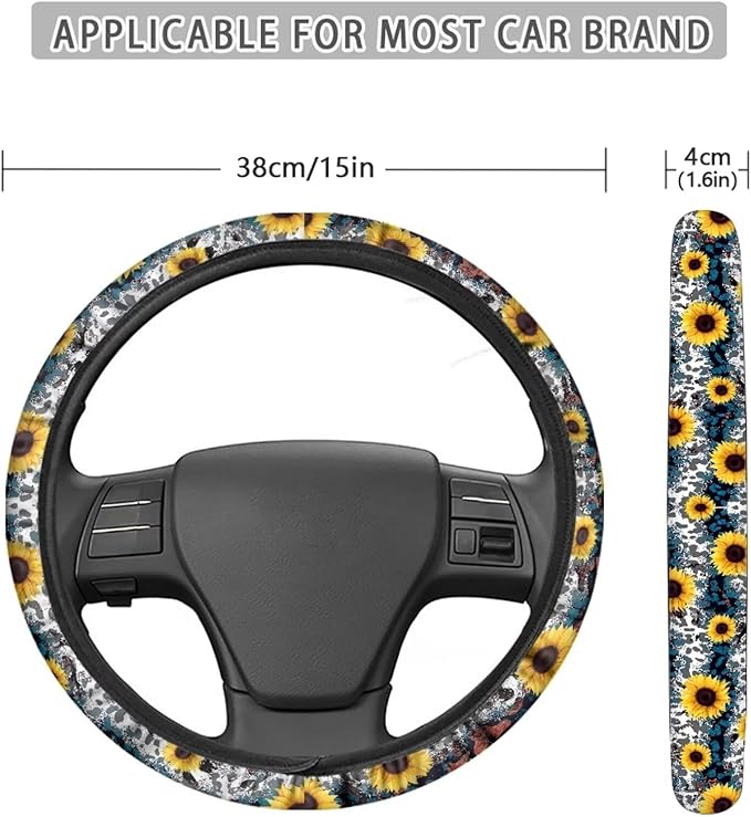 Universal Non-Slip Steering Wheel Cover, 15-inch Polyester Material Driving Accessories, Adjustable for Car and Truck(Indigo Leopard Sunflower)
