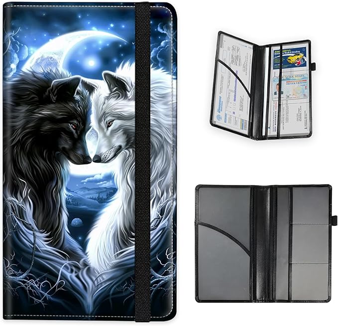 Tudguiloae Car Registration and Insurance Card Holder, Trunk Document Holder Organizer, Essential Vehicle Glove Box Organizer Leather Wallet for Driver,Wolves Love