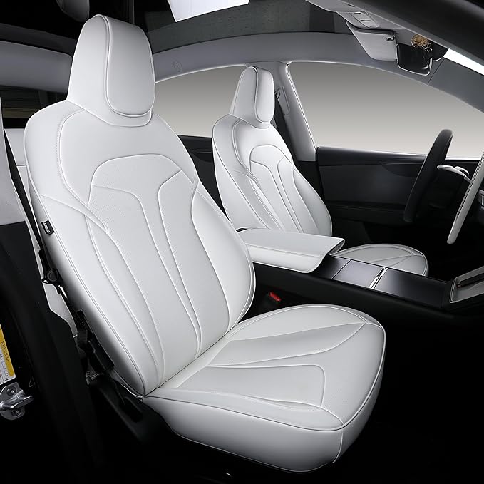 OURPLOT Custom Fit Seat Covers for 2025 2026 Tesla Model Y Juniper (5-Seater), Waterproof Breathable Nappa Leather, OEM Factory Style Full Set Car Seat Protectors Airbag Compatible - White