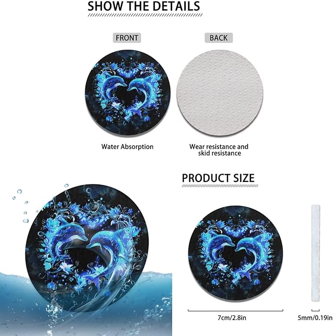 Neon Dolphin Elastic Steering Wheel Protector for Men Women 6 Pcs Car Interior Decor Cup Coaster Handbrake Cover Fit Auto, Suvs, Truck