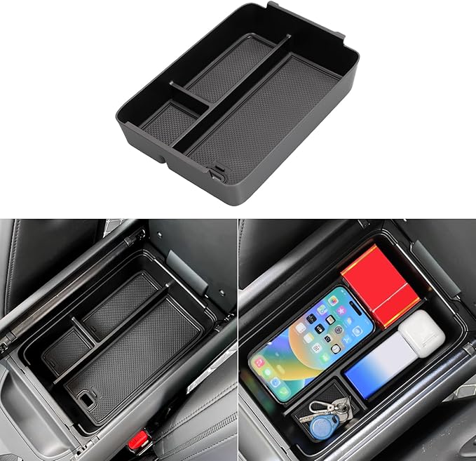 LUCKEASY Armrest Box Storage Box Compatible with Hyundai Santa Fe 2024 2025 2026 ABS Armrest Box Storage Tray and PVC Mats Black ABS for Santa Fe Accessories Black