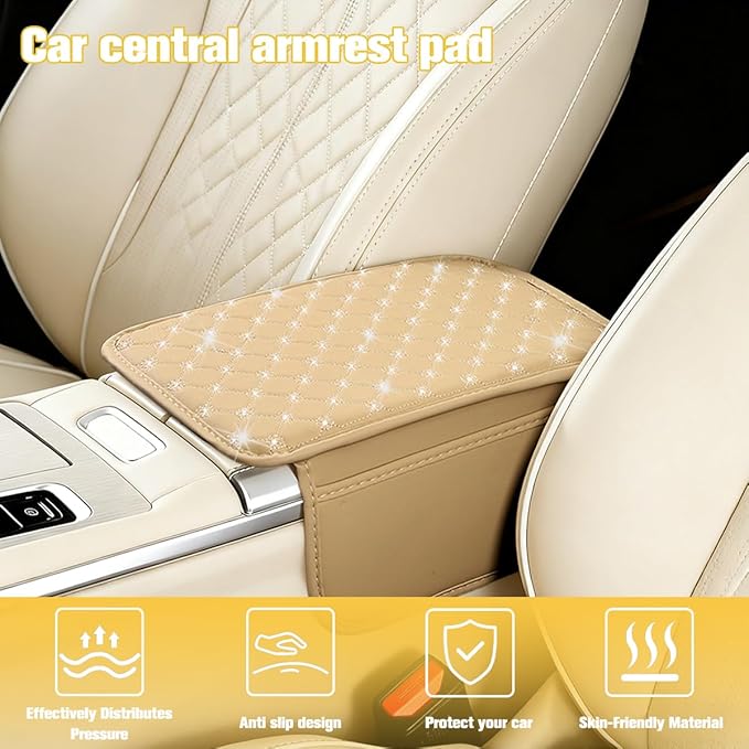 Car Center Console Cover, Leather Vehicle Armrest Storage Box Protector with 2 Storage Bags, Automotive Interior Middle Console Cushion Pad, Universal for SUV Sedan Truck (Beige)