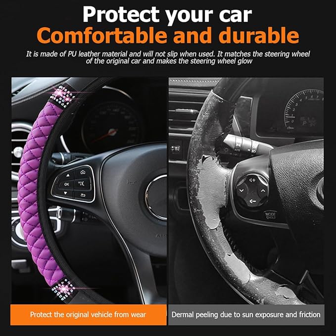 Bling Car Steering Wheel Cover, 15 Inch Crystal Rhinestone Elastic Stretch Leather Steering Wheel Protector, Vehicle Decor Accessories for Women Girls, Universal for RV, SUV, Truck (Purple)