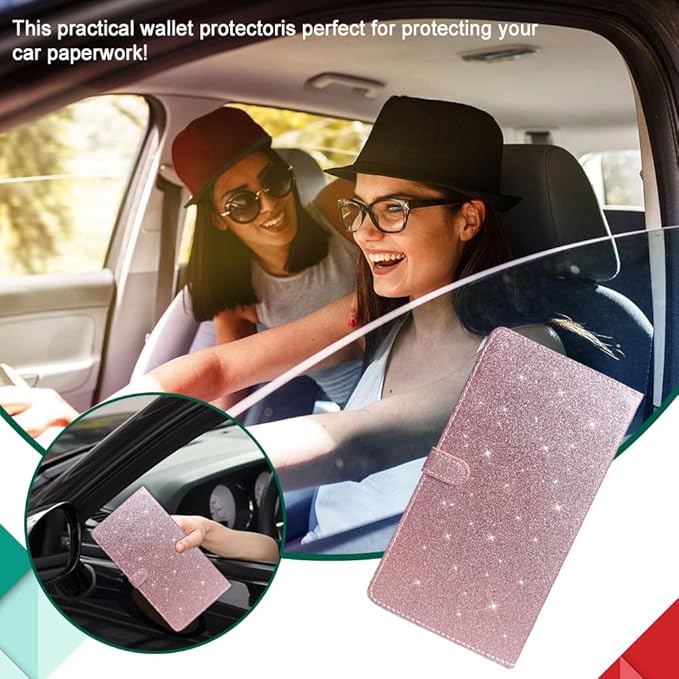 Vehicle Glove Box Car Organizer, Car Registration and Insurance Holder, Insurance Card Holder for Cars, Leather Card Holder Interior Auto Accessories for Women (Glitter-Pink)