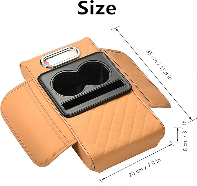 Multifunctional PU Leather Car Armrest Box Mat, 5-in-1 Multifunctional Car Armrest Cushion, Center Console Cover with 2 Cup Holder, For Storing Tissues, Phones, Wallets, Drinks, for Most Cars (Orange)