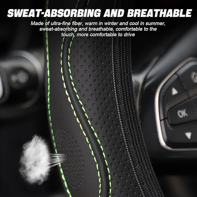 LoyaForba Car Steering Wheel Cover, Non-Slip Microfiber Leather Steering Wheel Cover, Breathable Vehicle Soft Handle Protector, Universal Automotive Interior Accessories for Women Men Girls (Green)