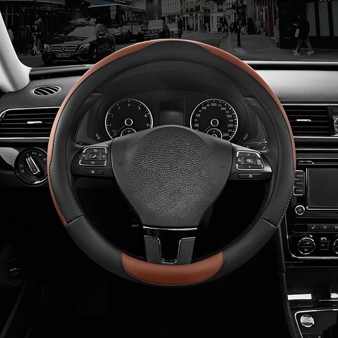Road Comforts Steering Wheel Cover, Breathable Anti-Slip Leather Steering Wheel Cover, Universal Fit 14.5–15 Inch, Comfortable Grip - Brown Color