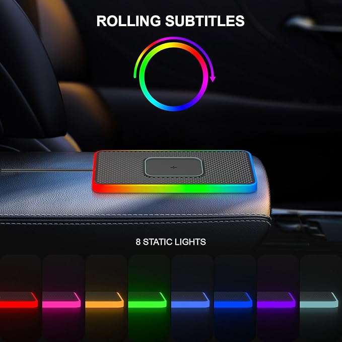 RGB Wireless Car Charging Pad, 20W Non Slip Magnetic Fast Charger for Car with Auto Match Function, for iOS 11/12/14/15/16/17