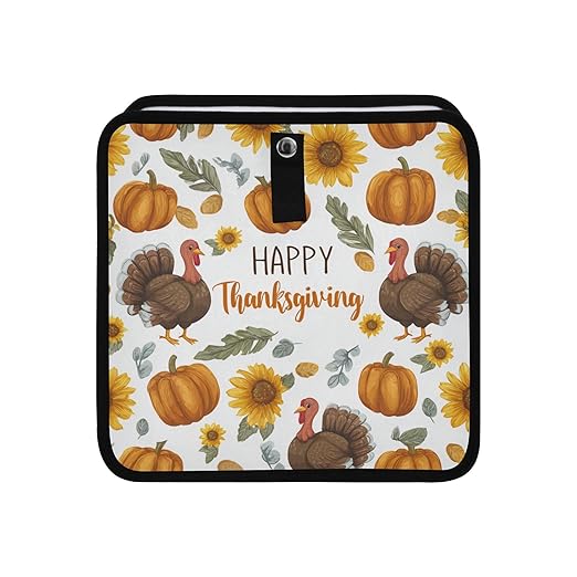 Car Trash Can Organizer Bin with Adjustable Strap for Back Front Seat Console Waterproof Leakproof Collapsible Portable 8.66 Inch Thanksgiving Turkeys Sunflowers White