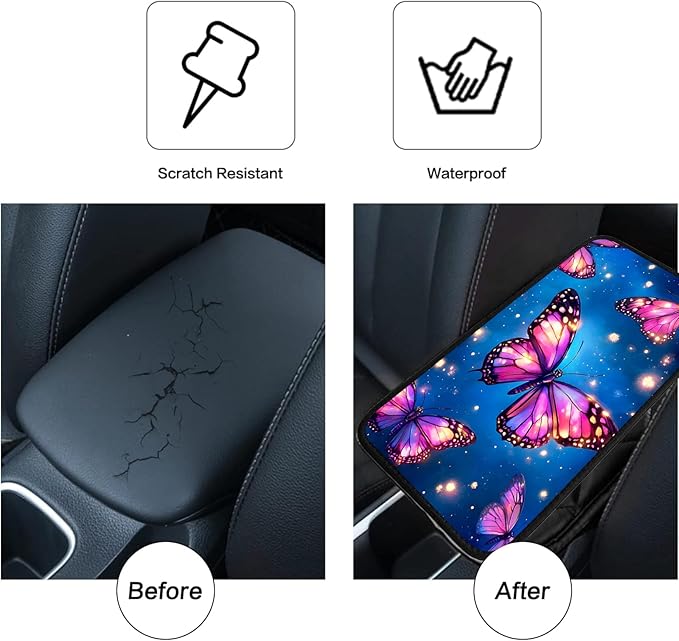 JANENFNA Car Armrest Cover Pads Universal Fashion Cute Auto Center Console Armrest Cover Pad with 2PCS Car Coasters Soft Waterproof Car Armrest Seat Protector for Women,Glowing Butterflies
